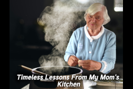 An aging mother is preparing food in the kitchen